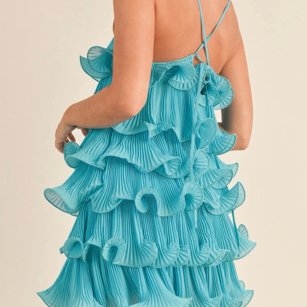 Mable (S) NWT AUSTYN blue ruffle tiered Bailey textured mini dress - Picture 2 of 7